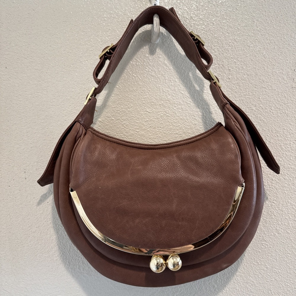 Vtg Y2K Bulga Brown Leather Kisslock Shoulder Bag Purse Satchel Buckle Details